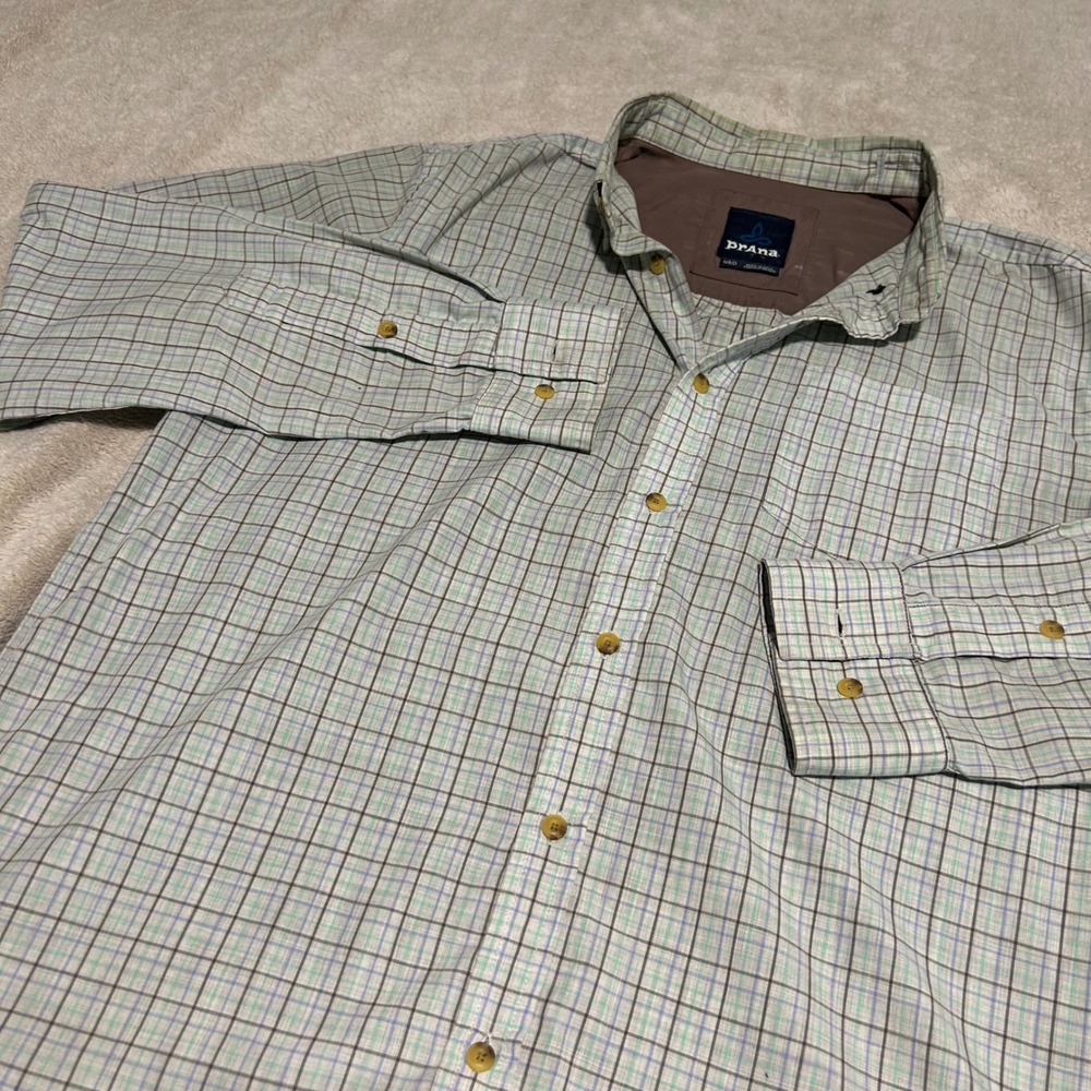 Prana Button Down Shirt Mens Medium Green‎ Blue Plaid Long Sleeve Outdoor Casual